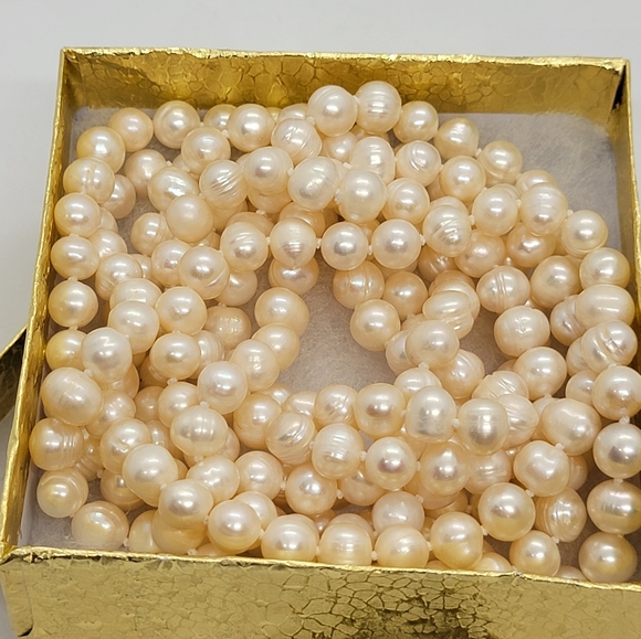 Cream Baroque Genuine Pearl Necklace 32" Drop 6-7 mm Hand Knotted - Picture 6 of 7